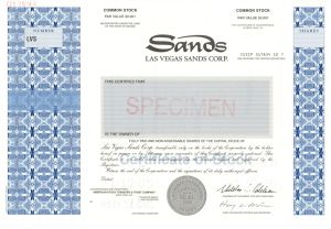 Sands - Las Vegas Sands Corp. - 2005 dated Specimen Stock Certificate - Owns the Sands Macao, The Londoner Macao, The Venetian Macao, The Plaza Macao, and The Parisian Macao