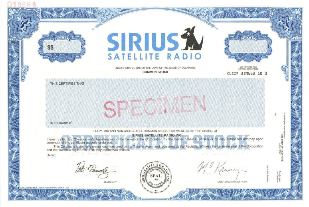 Sirius Satellite Radio - 2005 dated Specimen Stock Certificate