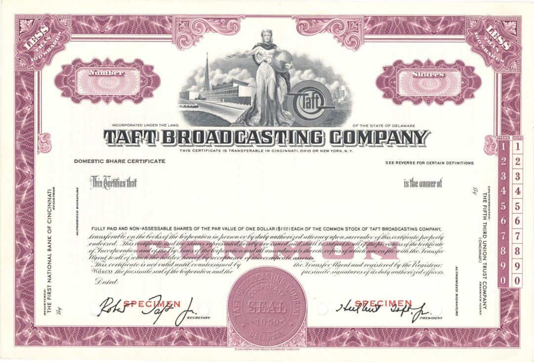 Taft Broadcasting Co. - Specimen Stock Certificate