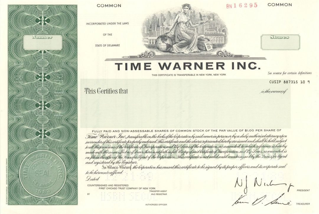 Time Warner Inc. - 1989 dated Specimen Stock Certificate - Dated 1 Year Before Becoming Time Warner from 1990 to 2001