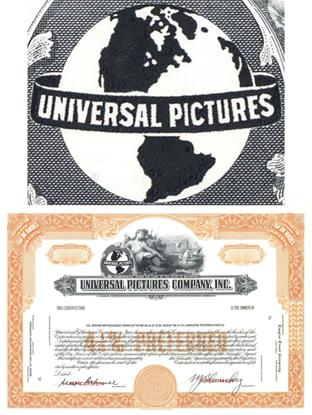 Universal Pictures Co., Inc. - circa 1970's Specimen Stock Certificate