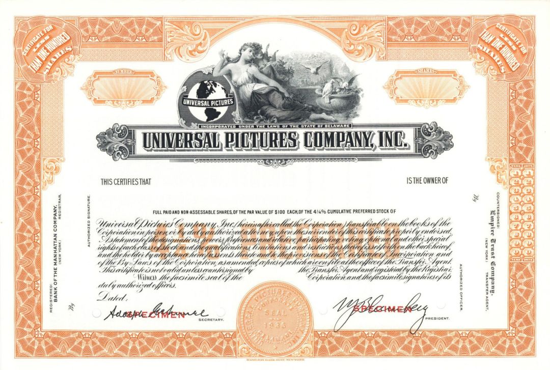 Universal Pictures Co., Inc. - Specimen Stock Certificate