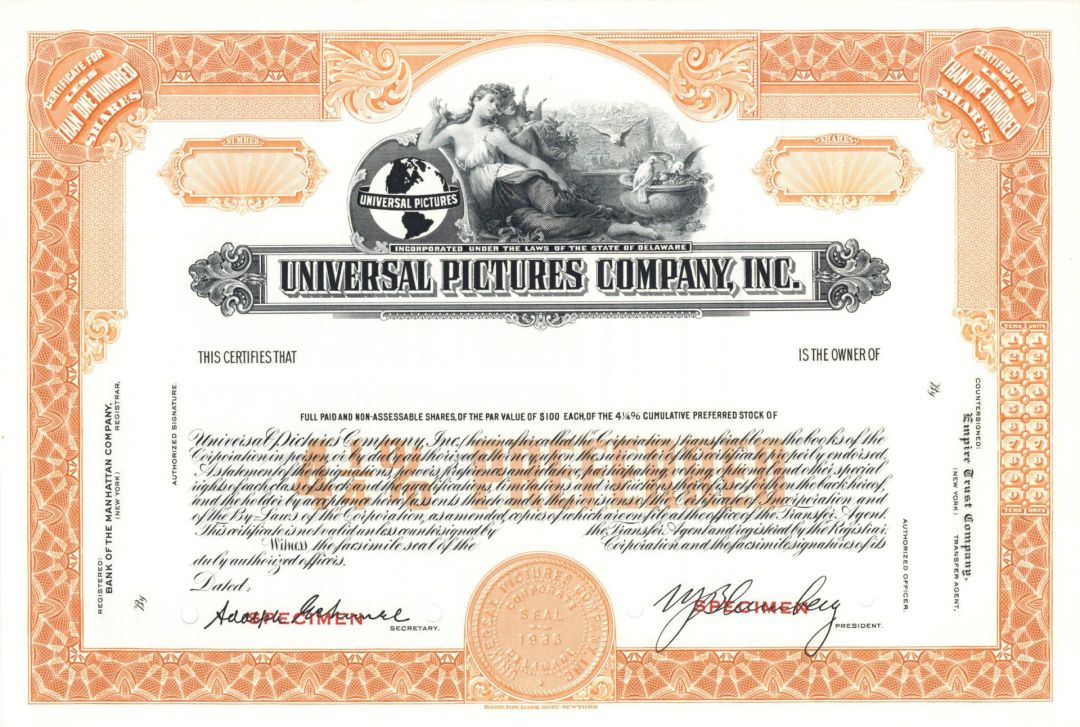 Universal Pictures Co., Inc. - circa 1970's Specimen Stock Certificate