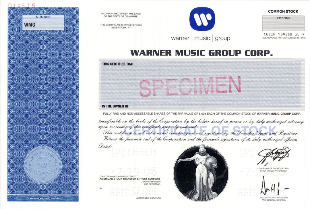 Warner Music Group Corp. - Specimen Stock Certificate