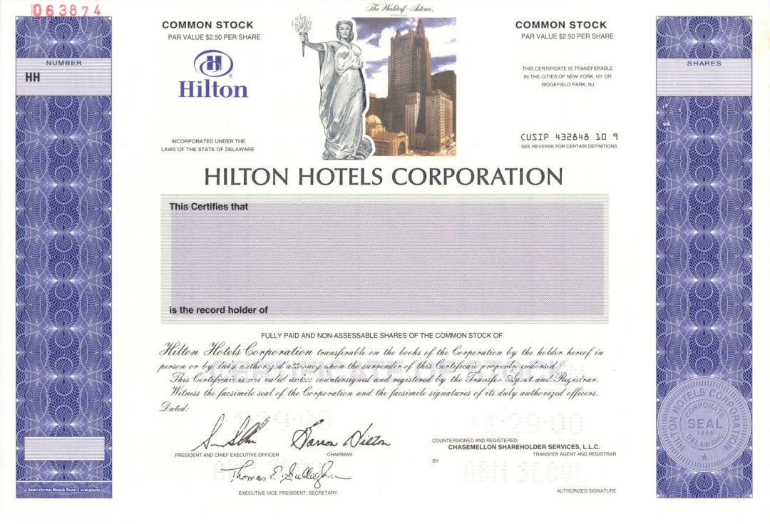 Hilton Hotels Corp. - 2000 dated Specimen Stock Certificate - Multicolored and Extremely Rare