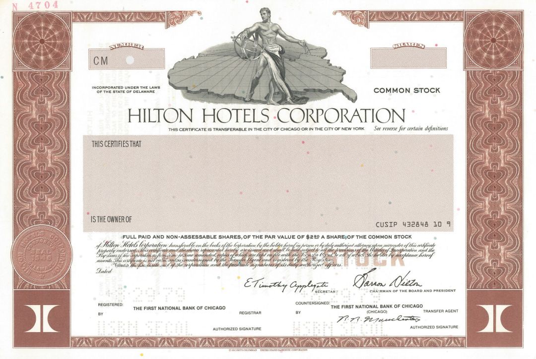 Hilton Hotels Corporation - Specimen Stock Certificate - Very Rare