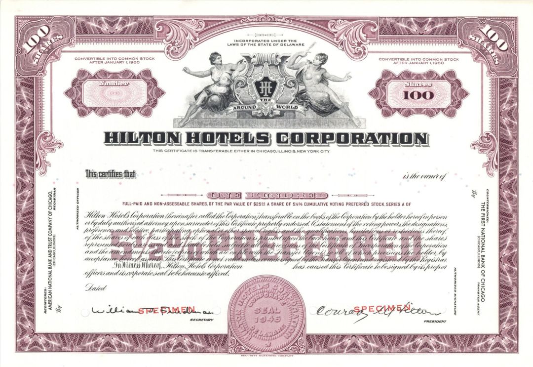 Hilton Hotels Corp. - 1950's dated Specimen Stock Certificate - OLIVE ONLY AVAILABLE NOW