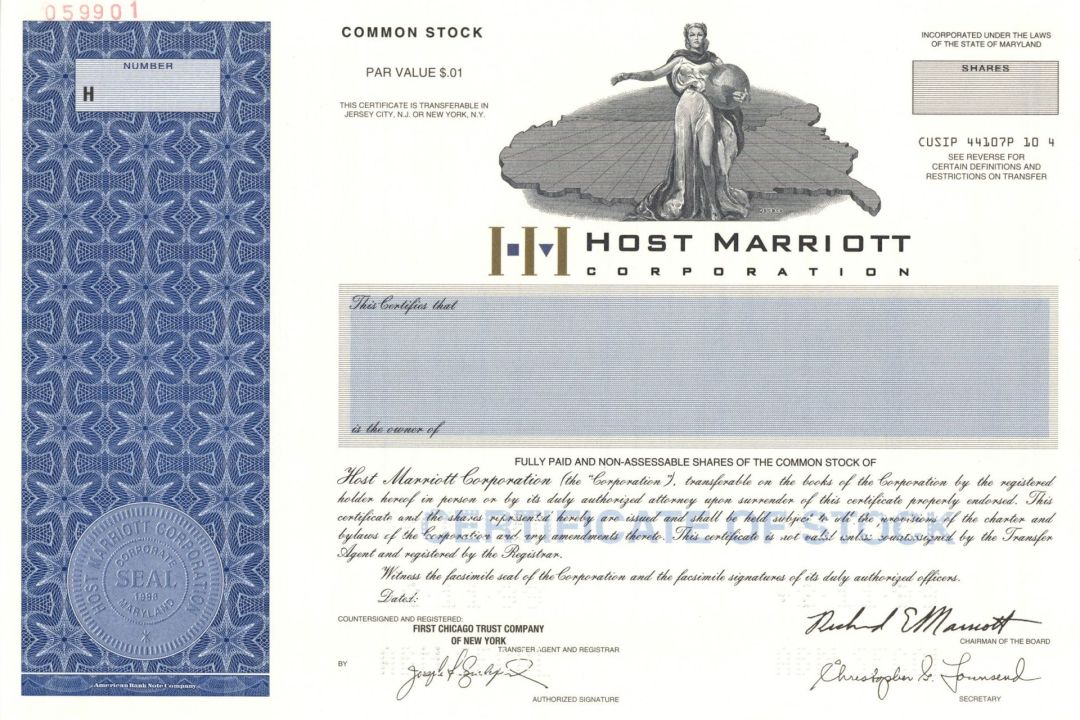 Host Marriott Corp. - 1999 dated Specimen Stock Certificate