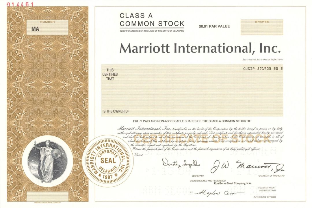 Marriott International, Inc. - Specimen Stock Certificate