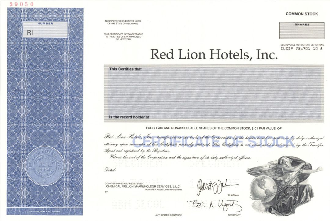 Red Lion Hotels, Inc. - Specimen Stock Certificate