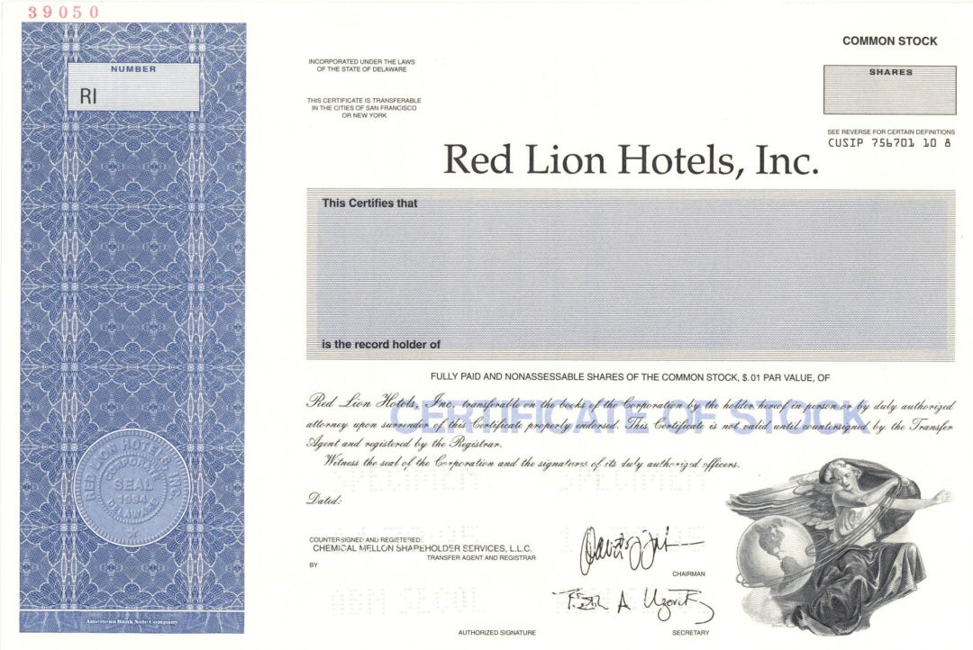 Red Lion Hotels, Inc. - 1995 dated Specimen Stock Certificate