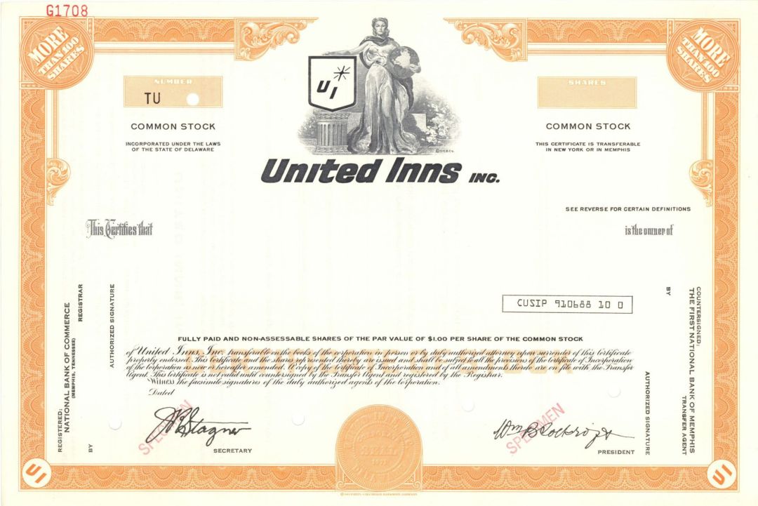 United Inns Inc. - Specimen Stock Certificate