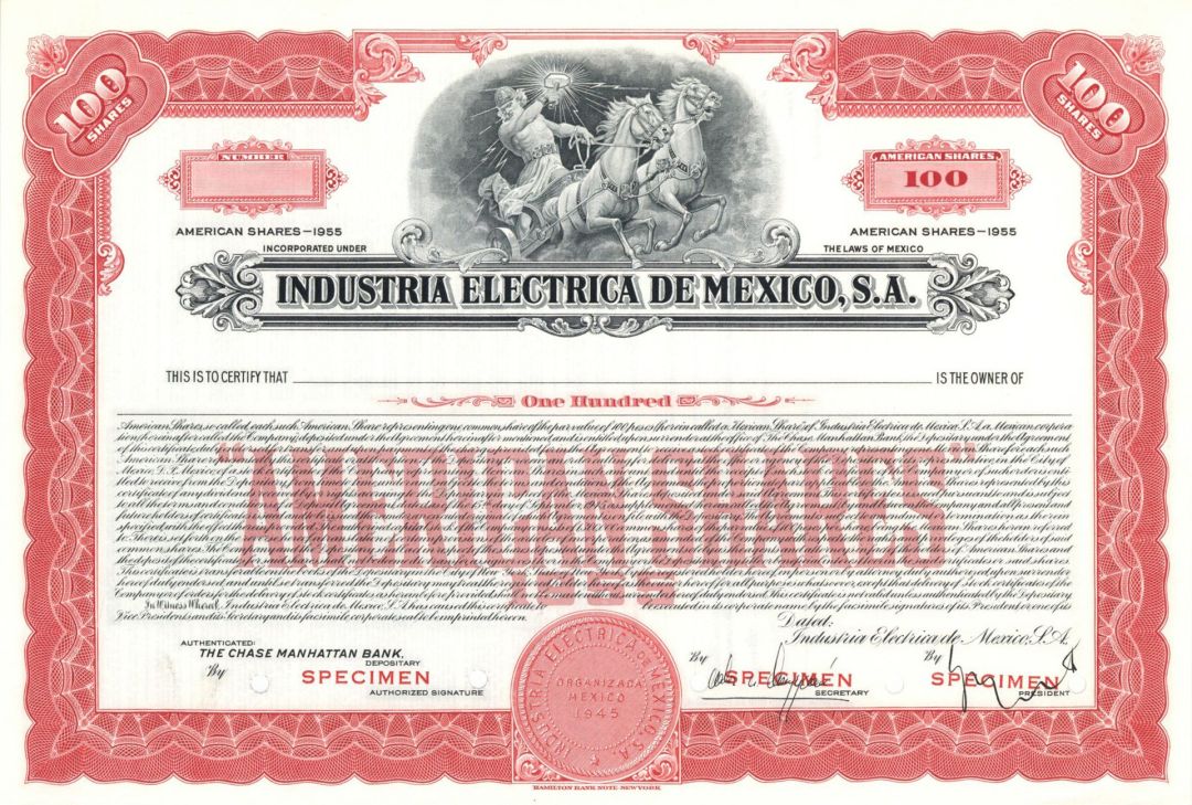Industria Electricia De Mexico, S.A. - Specimen Stock Certificate