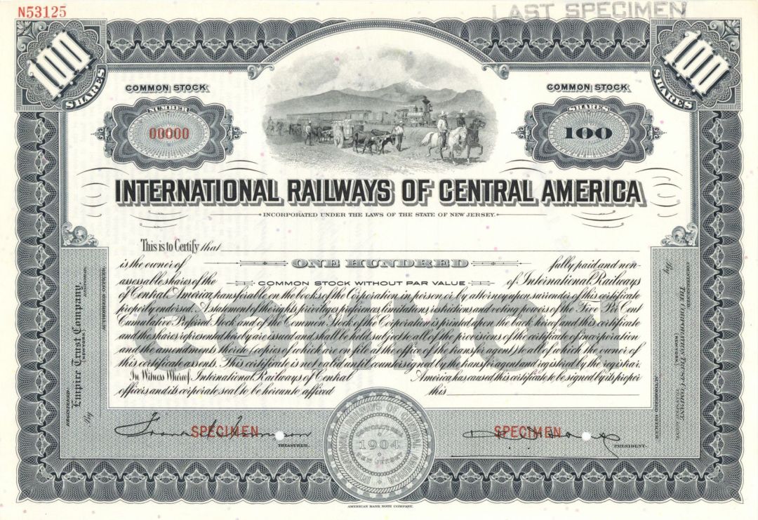 International Railways of Central America - Specimen Stock Certificate
