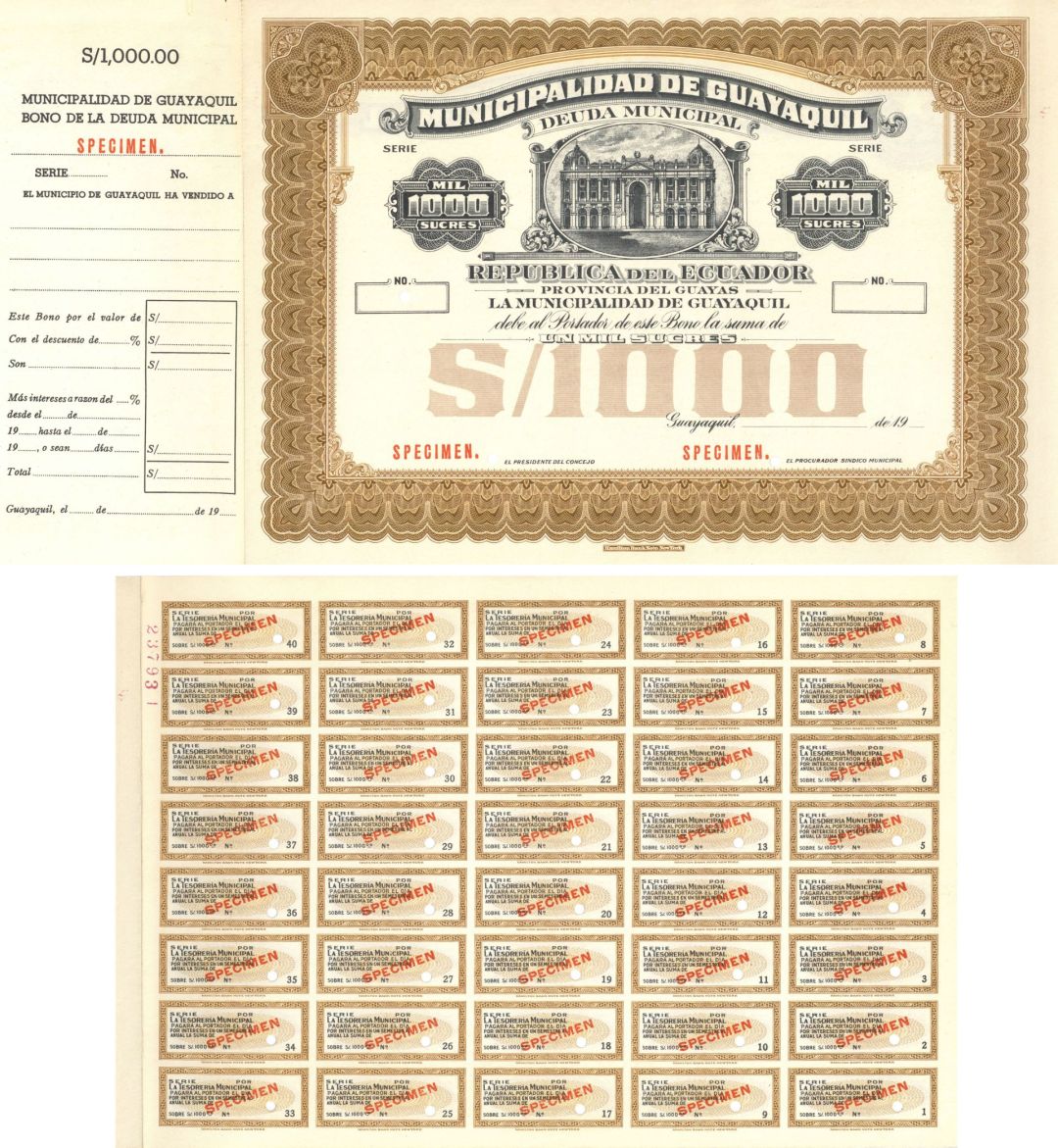 Municipalidad De Guayaquil - 1900's dated 1,000 Sucres Brown Specimen Ecuador Bond