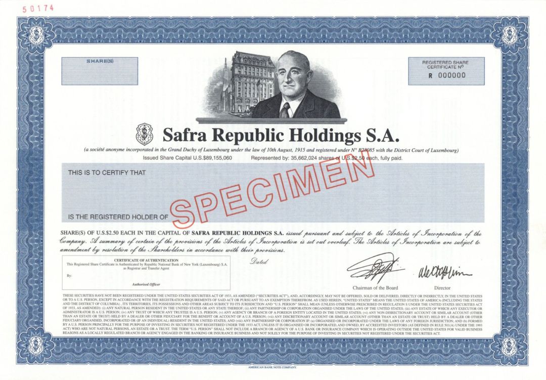 Safra Republic Holdings, S.A. - This Company issued 1,000 Year Bonds - Post-1993 dated Specimen Stock Certificate