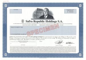 Safra Republic Holdings, S.A. - This Company issued 1,000 Year Bonds - Post-1993 dated Specimen Stock Certificate