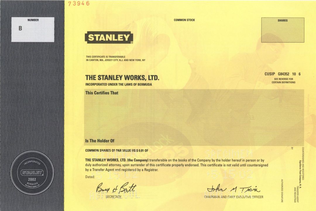 Stanley Works, Ltd. -  Specimen Stock Certificate