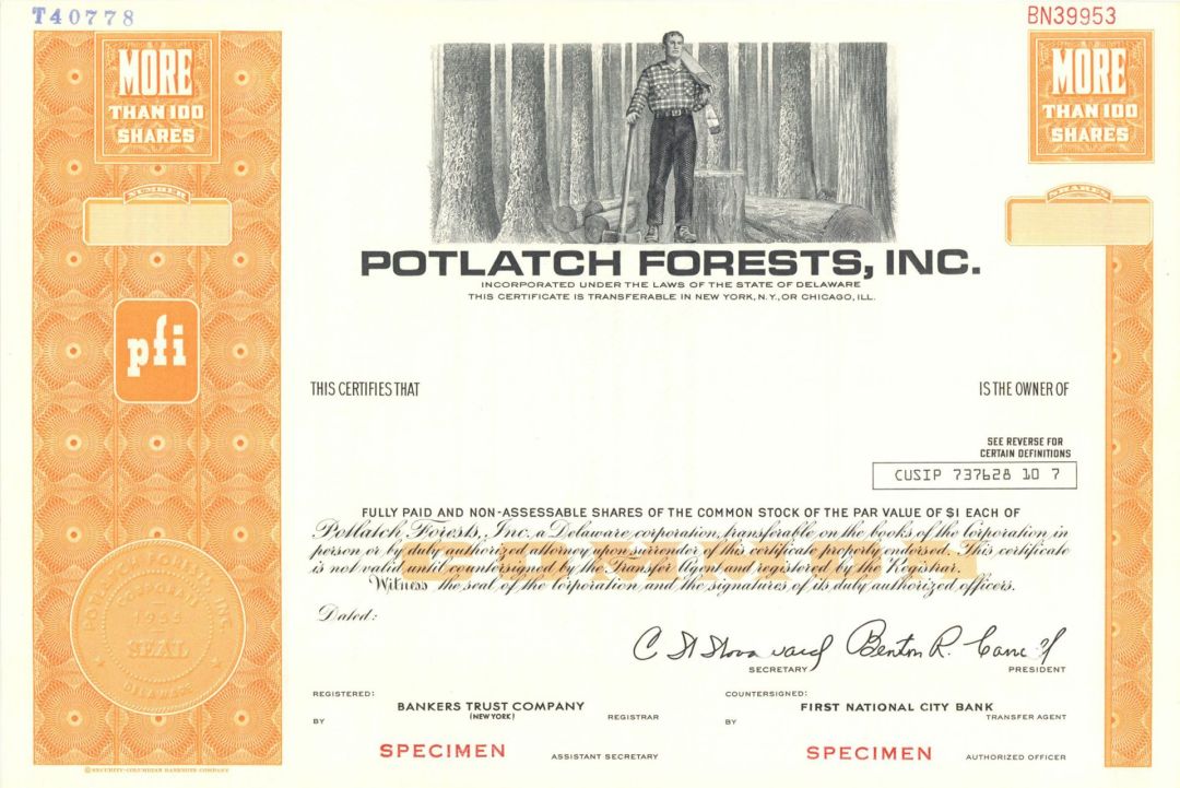 Potlatch Forests, Inc. - Specimen Stock Certificate