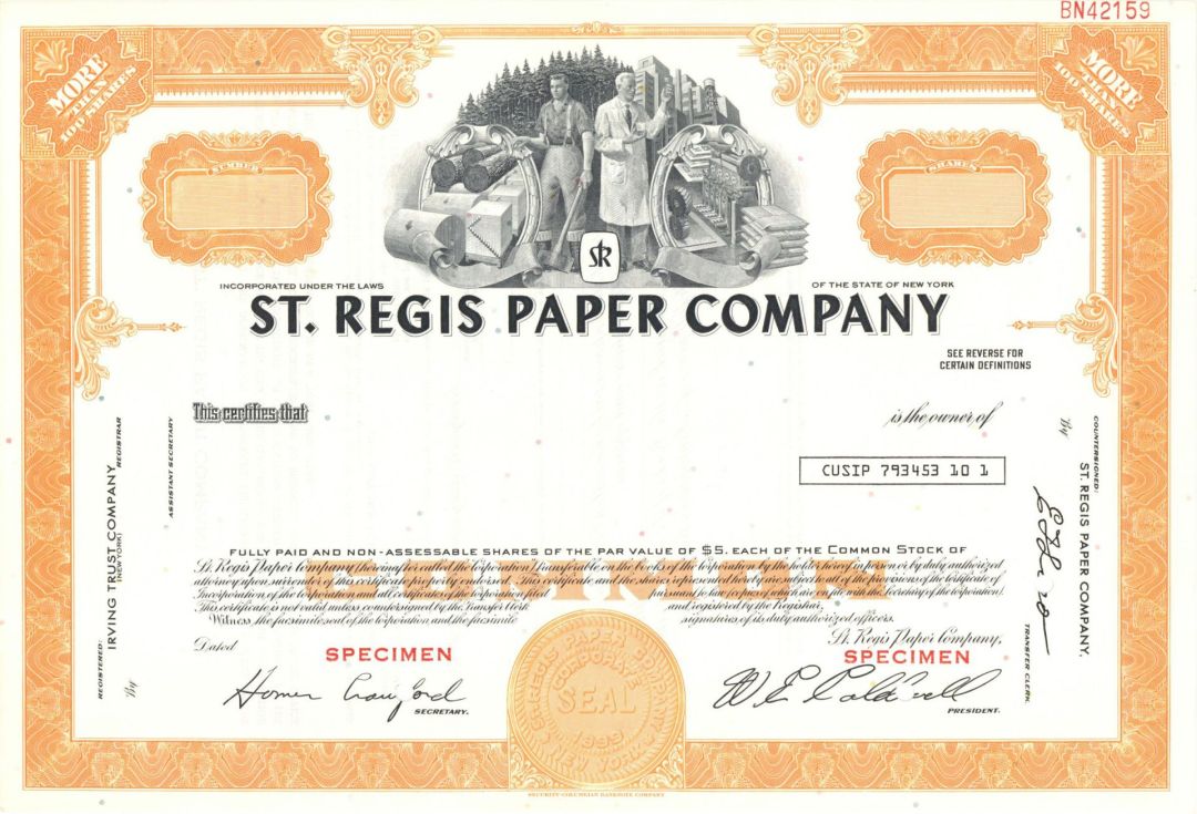St. Regis Paper Co. - Specimen Stock Certificate