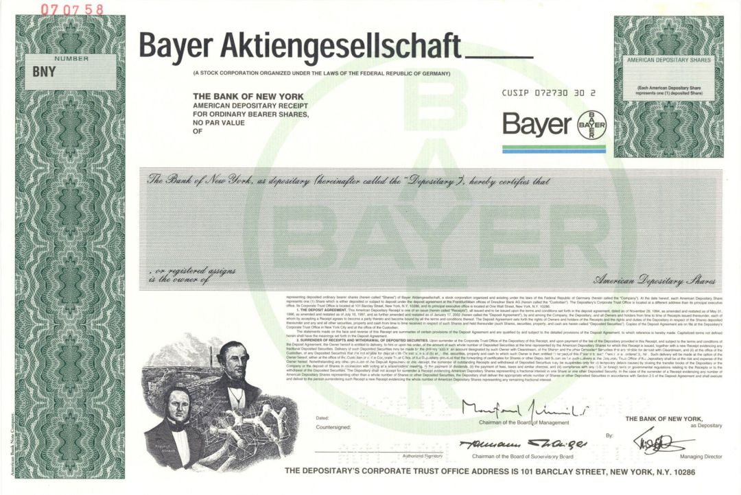 Bayer Aktiengesellschaft - Specimen Stock Certificate