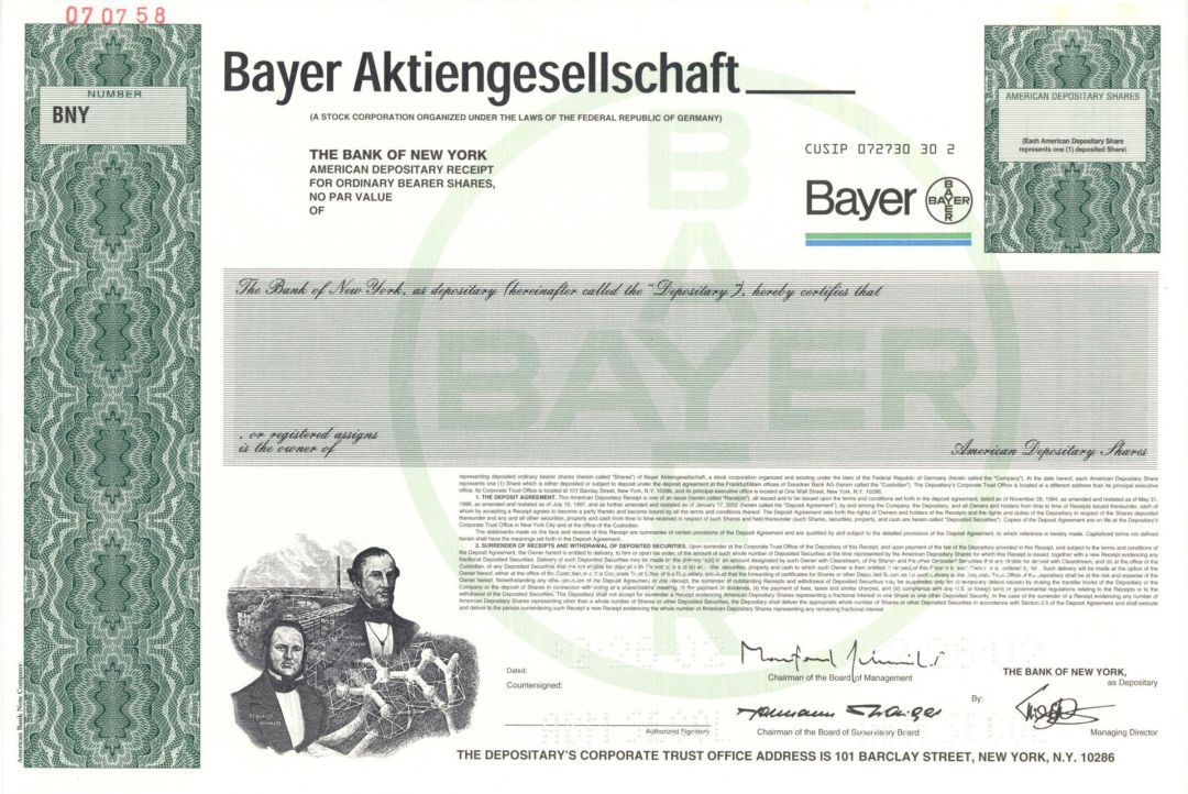 Bayer Aktiengesellschaft - 2002 dated Specimen Stock Certificate