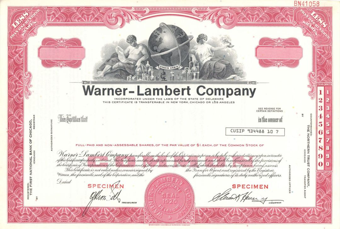 Warner-Lambert Co. - Specimen Stock Certificate