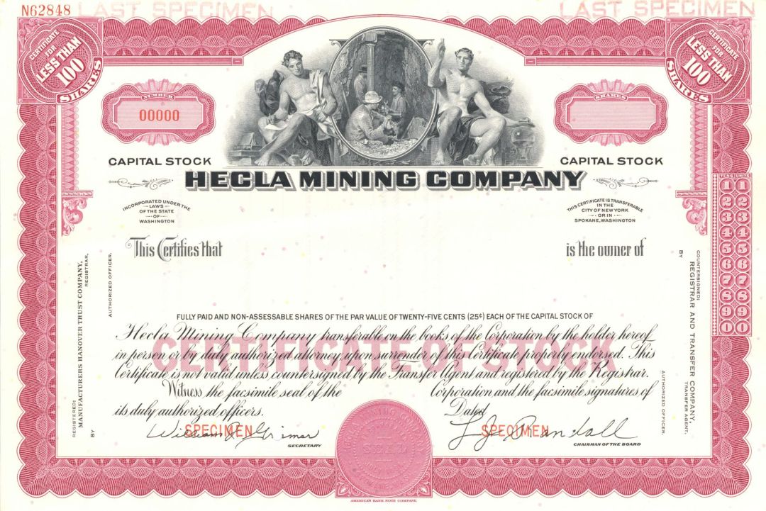 Hecla Mining Co. - circa 1960's-70's Red Specimen Stock Certificate - LAST ONE!
