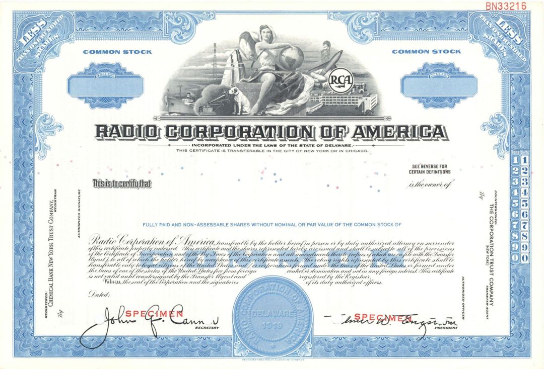 Radio Corporation of America - RCA - Specimen Stock Certificate