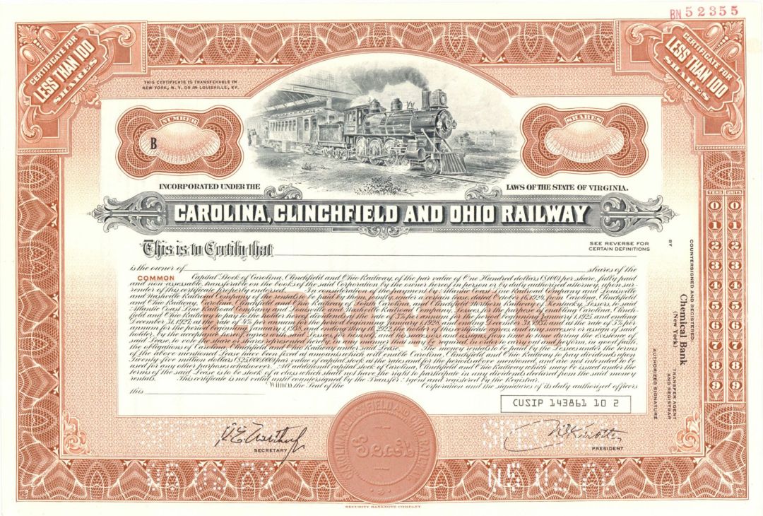 Carolina, Clinchfield and Ohio Railway - Specimen Stock Certificate