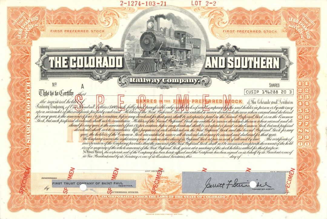 Colorado and Southern Railway Co. - Specimen Stock Certificate