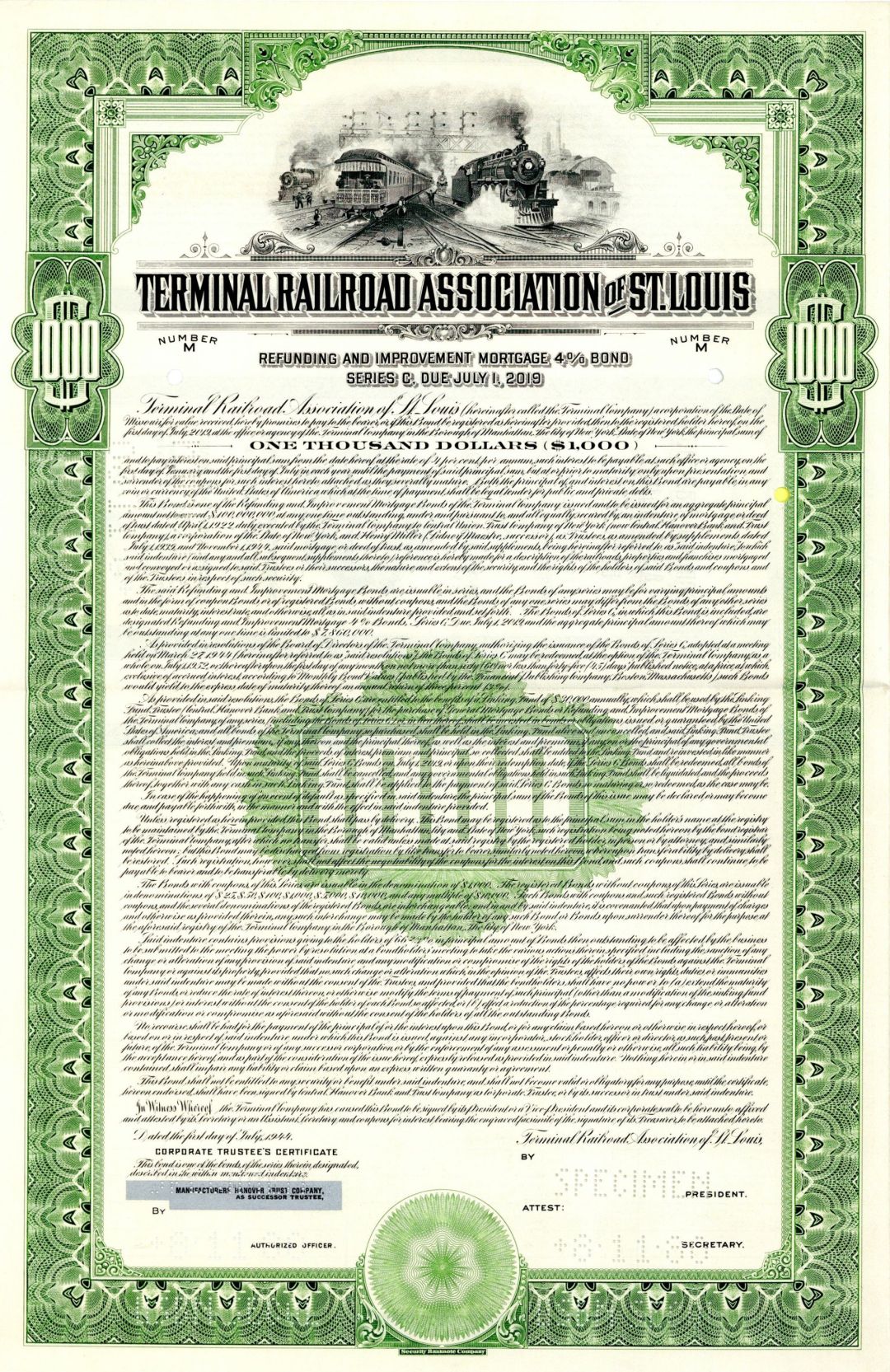 Terminal Railroad Association of St. Louis - 1944 dated Specimen $1,000 Bond