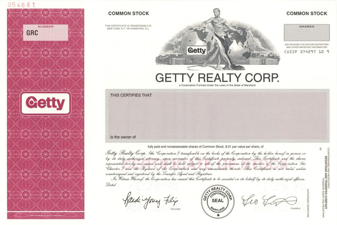 Getty Realty Corp. - Specimen Stock Certificate