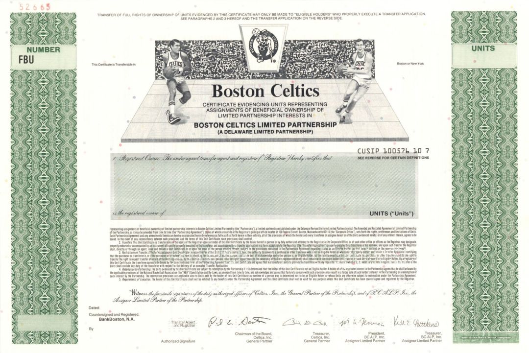 Boston Celtics - Specimen Stock Certificate - Very Rare as a Specimen