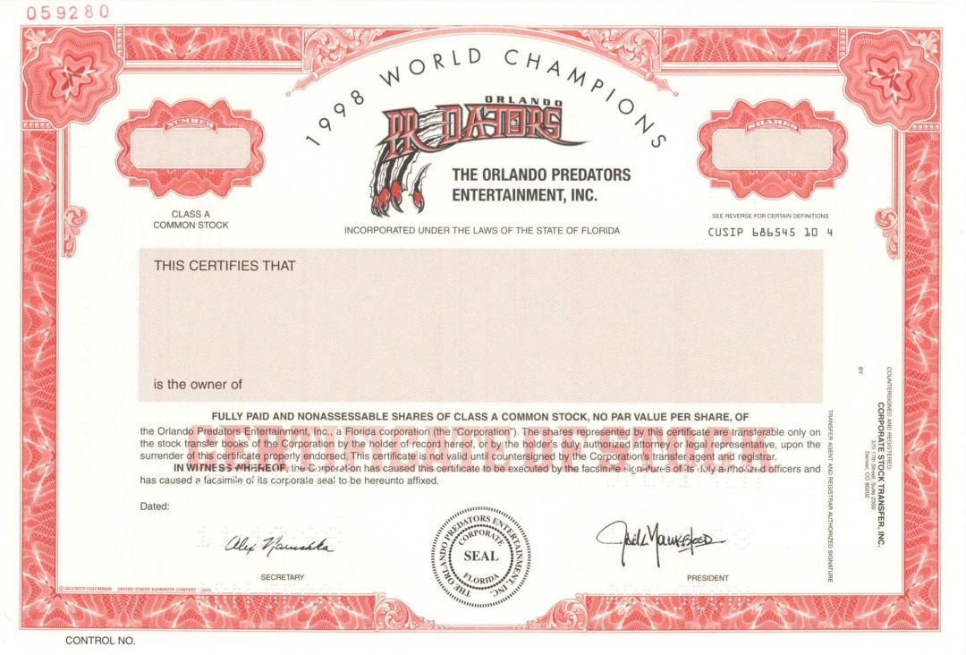 Orlando Predators Entertainment, Inc. - Specimen Stock Certificate