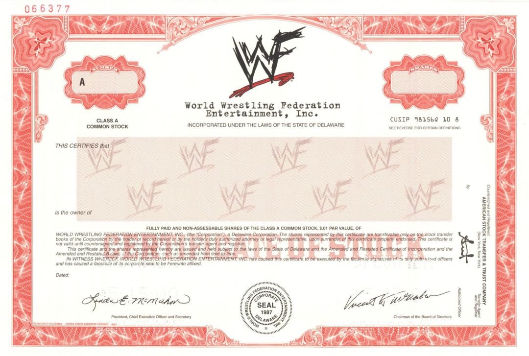 World Wrestling Federation Entertainment, Inc. - Specimen Stock Certificate