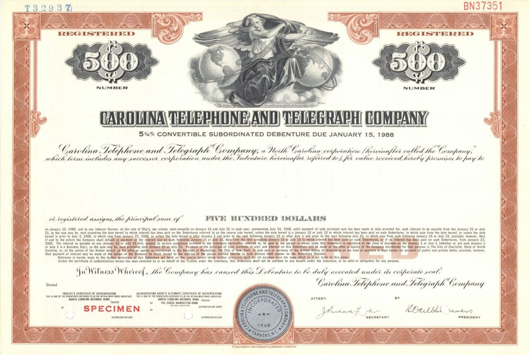 Carolina Telephone and Telegraph Co. - $500 Specimen Bond