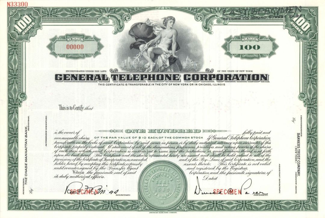 General Telephone Corp. - Specimen Stock Certificate