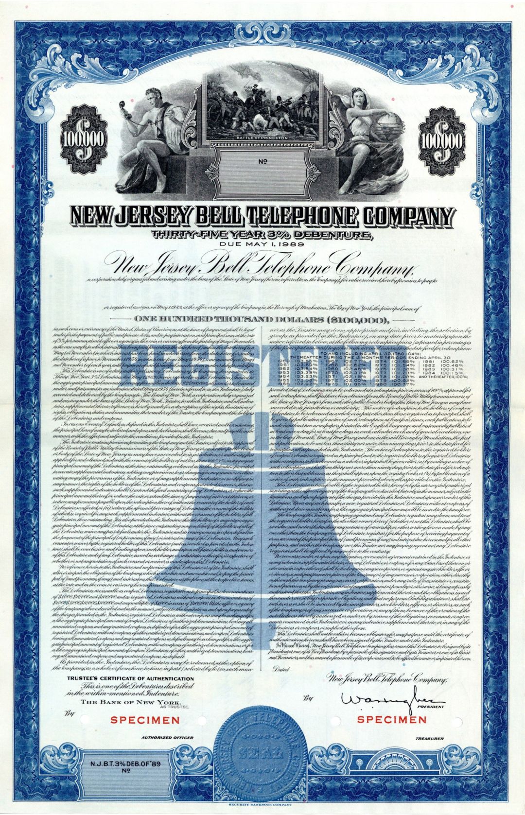 New Jersey Bell Telephone Co. - $100,000 Specimen Bond