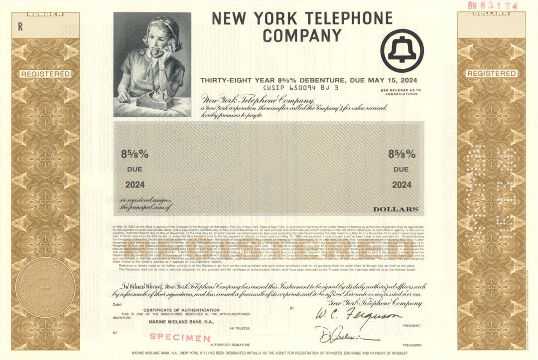 New York Telephone Co. - Specimen Bond