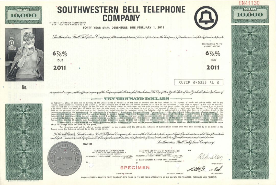 Southwestern Bell Telephone Co. - $10,000 Specimen Bond