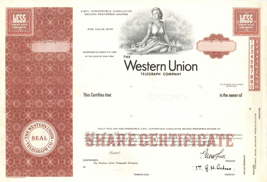 Western Union Telegraph Co. - Specimen Stock Certificate