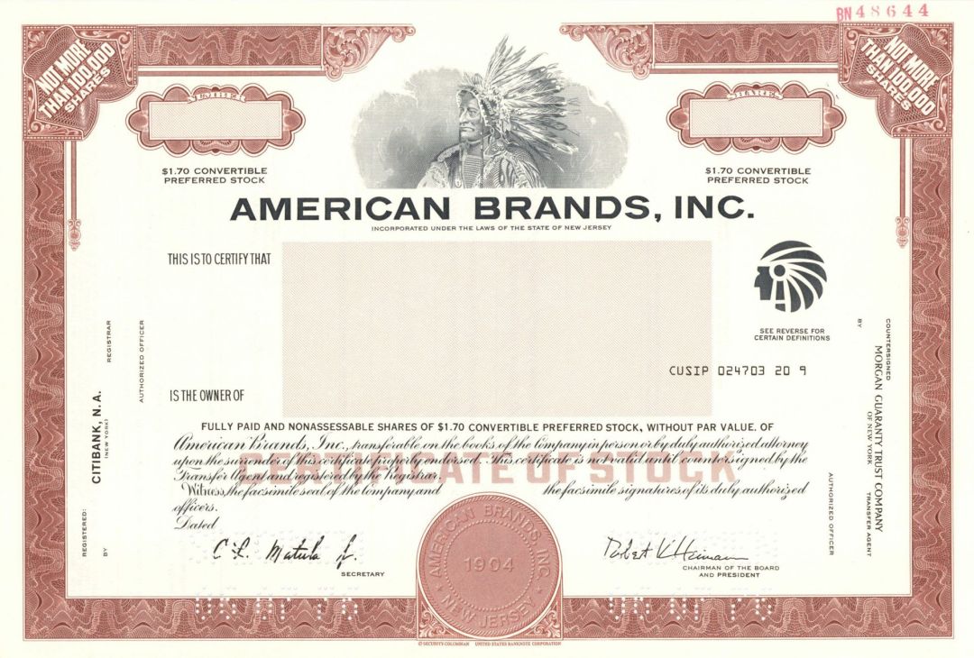 American Brands, Inc. - 1976 dated Specimen Stock Certificate