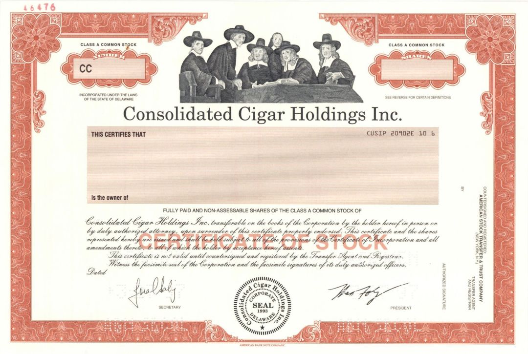 Consolidated Cigar Holdings Inc. - 1997 dated Specimen Stock Certificate