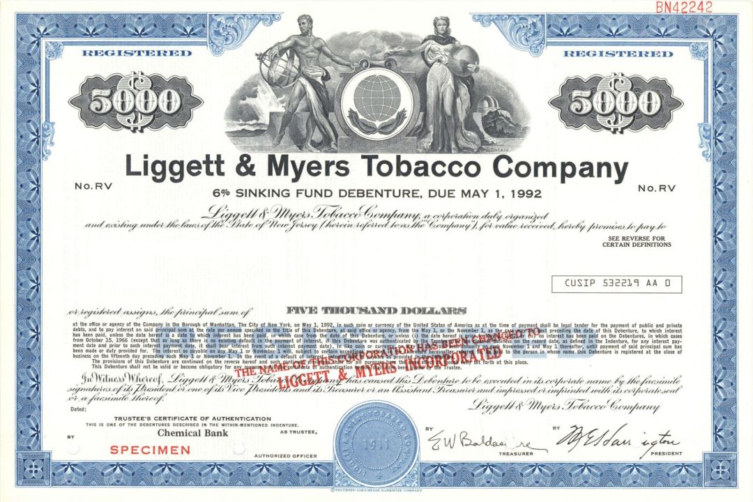 Liggett and Myers Tobacco Co. - $5,000 Specimen Bond