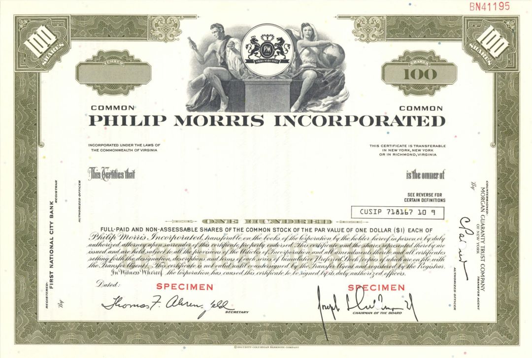 Philip Morris Inc. - Tobacco Specimen Stock Certificate - Now Part of Altria Group