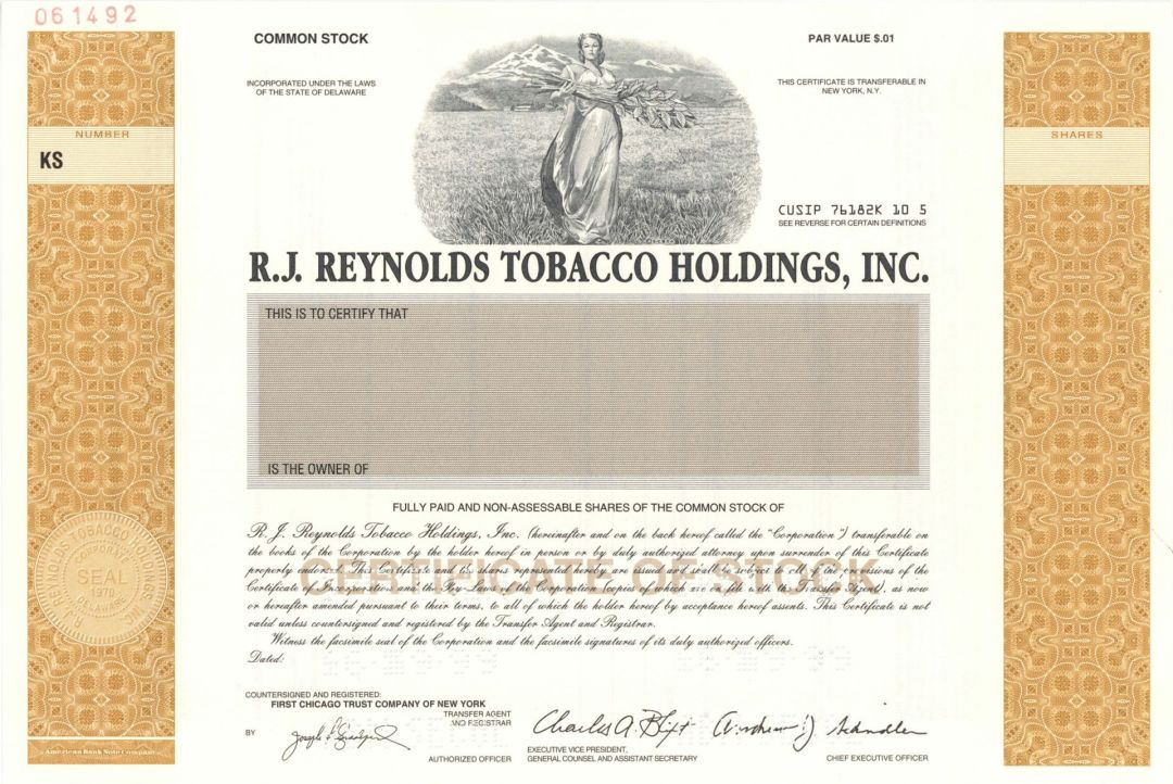 R.J. Reynolds Tobacco Holdings, Inc. - 1999 dated Specimen Stock Certificate