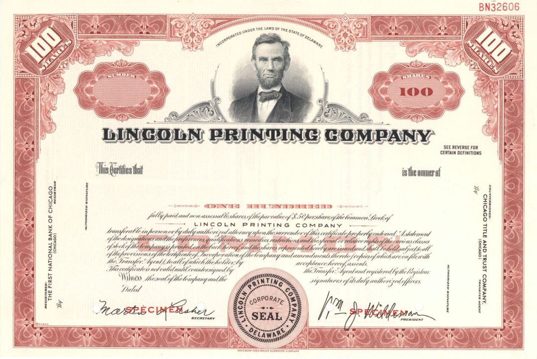 Lincoln Printing Co. - Specimen Stock Certificate