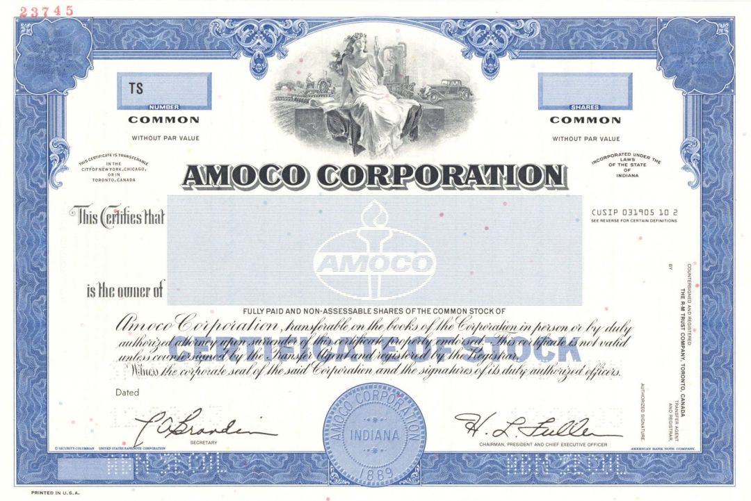 Amoco Corp. - Specimen Stock Certificate - Founded by the Standard Oil Company