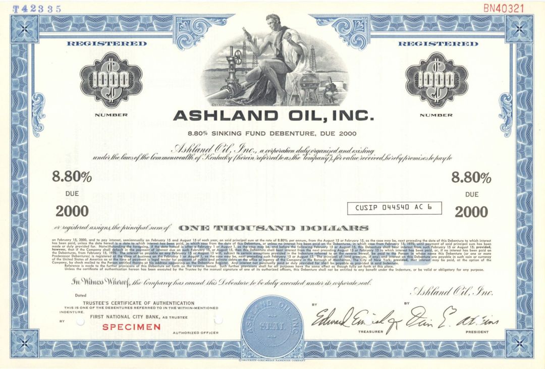 Ashland Oil, Inc. - $1,000 Specimen Bond